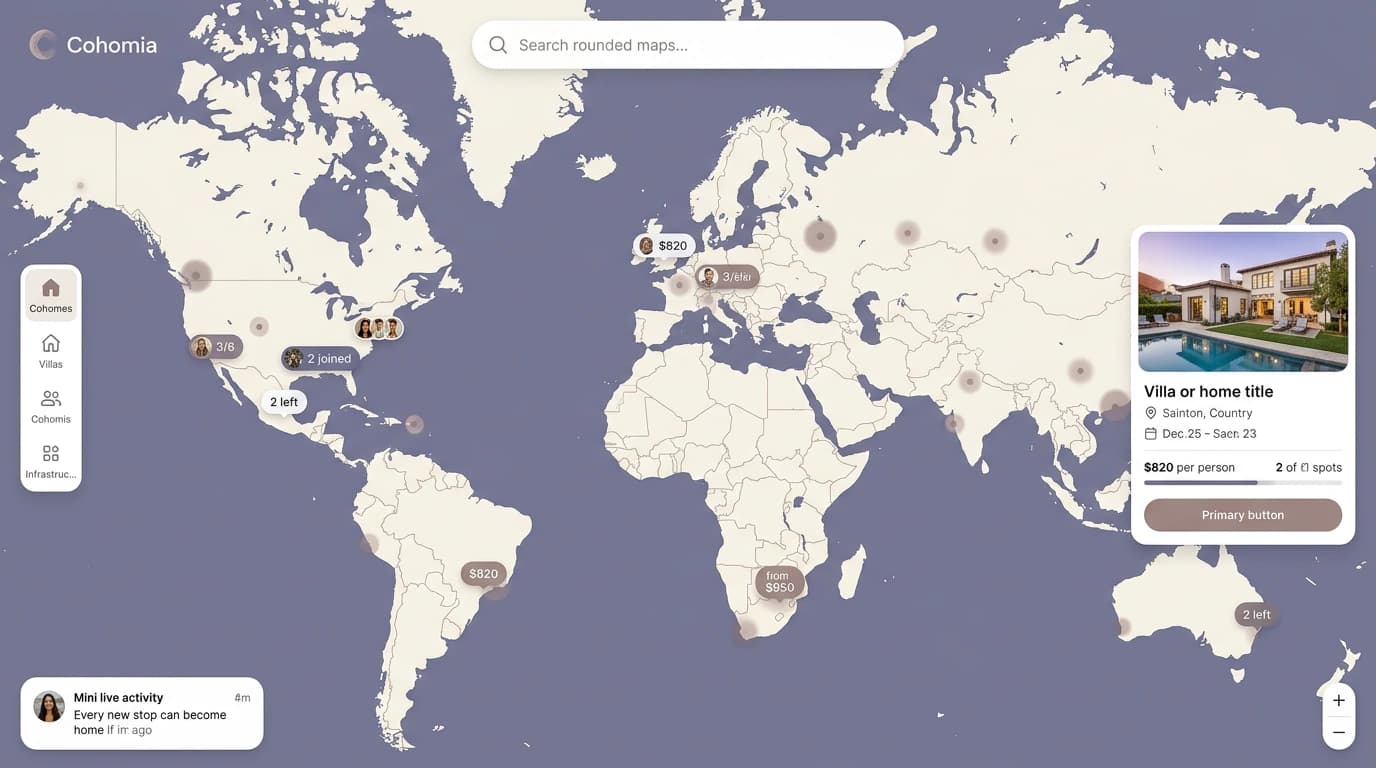 Premium Cohomia map interface showing where people are already gathering, cohomes, homes, and mobility clusters across the world.